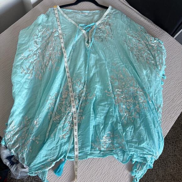 Debbie Katz turquoise metallic kaftan top tassel trim beach coverup S resort - Picture 5 of 7